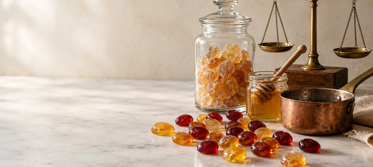 Red and amber Pine Brothers softish drops on a marble counter beside a jar of gum acacia, a jar of honey and a copper pot