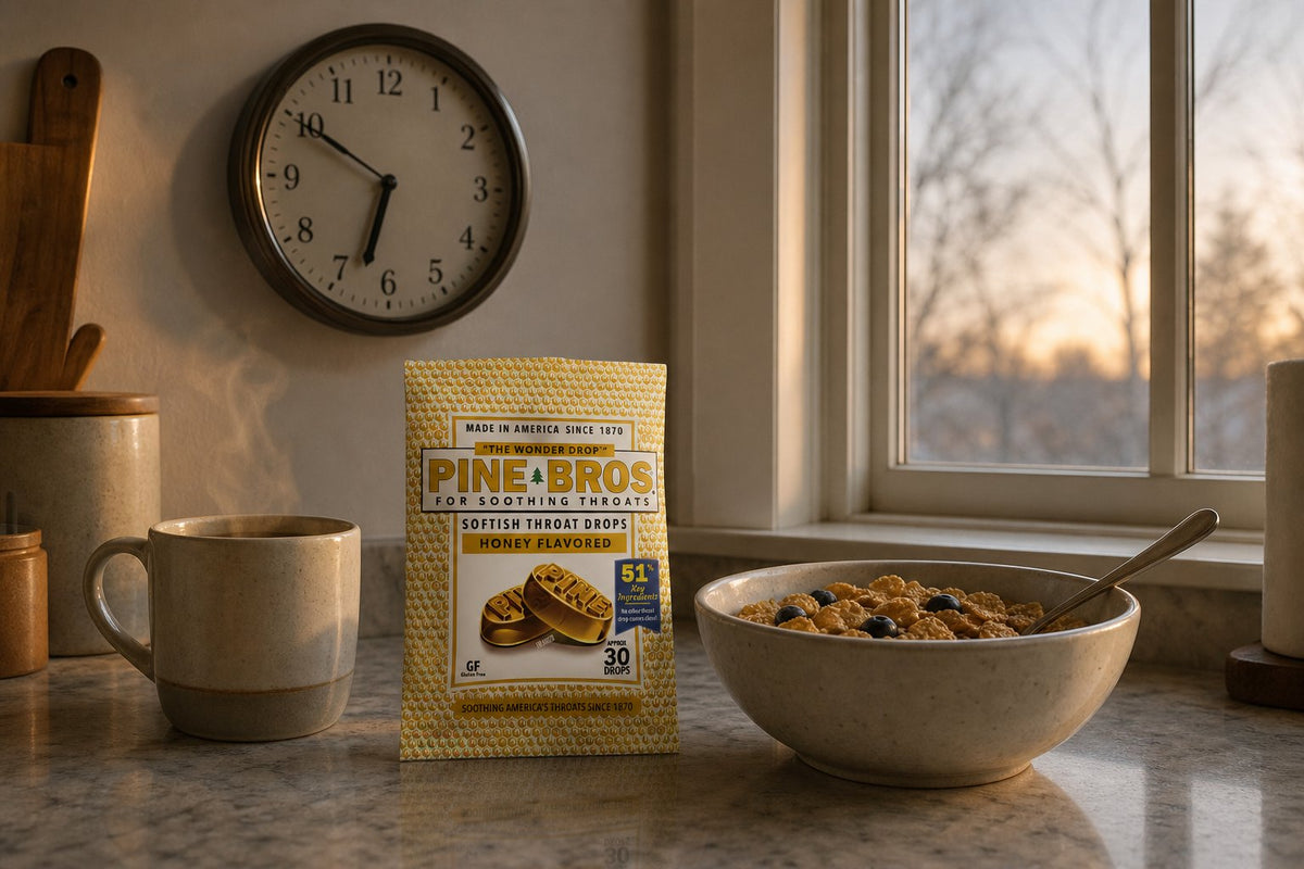 A kitchen counter at first light in early November, an analog wall clock, a steaming mug, a Pine Brothers Real Honey pack beside a cereal bowl, dim morning window light