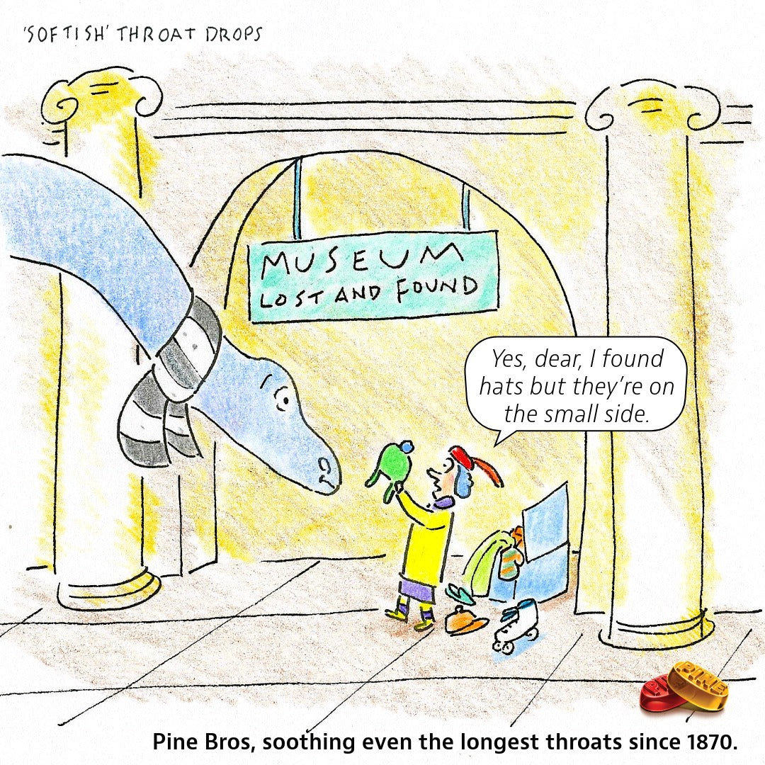 Original Pine Bros comic: J. Herman and Mrs. Fenstermacher meet at the museum Lost and Found.