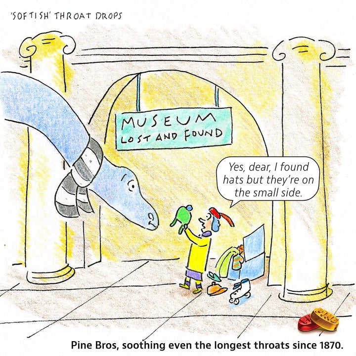 Original Pine Bros comic: J. Herman and Mrs. Fenstermacher meet at the museum Lost and Found.