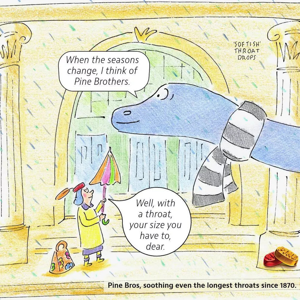 Official Pine Bros rain comic: J. Herman, a blue brontosaurus in a striped scarf, shares an umbrella with Mrs. Fenstermacher.